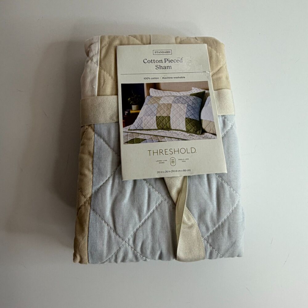 Threshold Cotton Pieced Standard Pillow Sham 20x26 NWT Blue Cream Beige